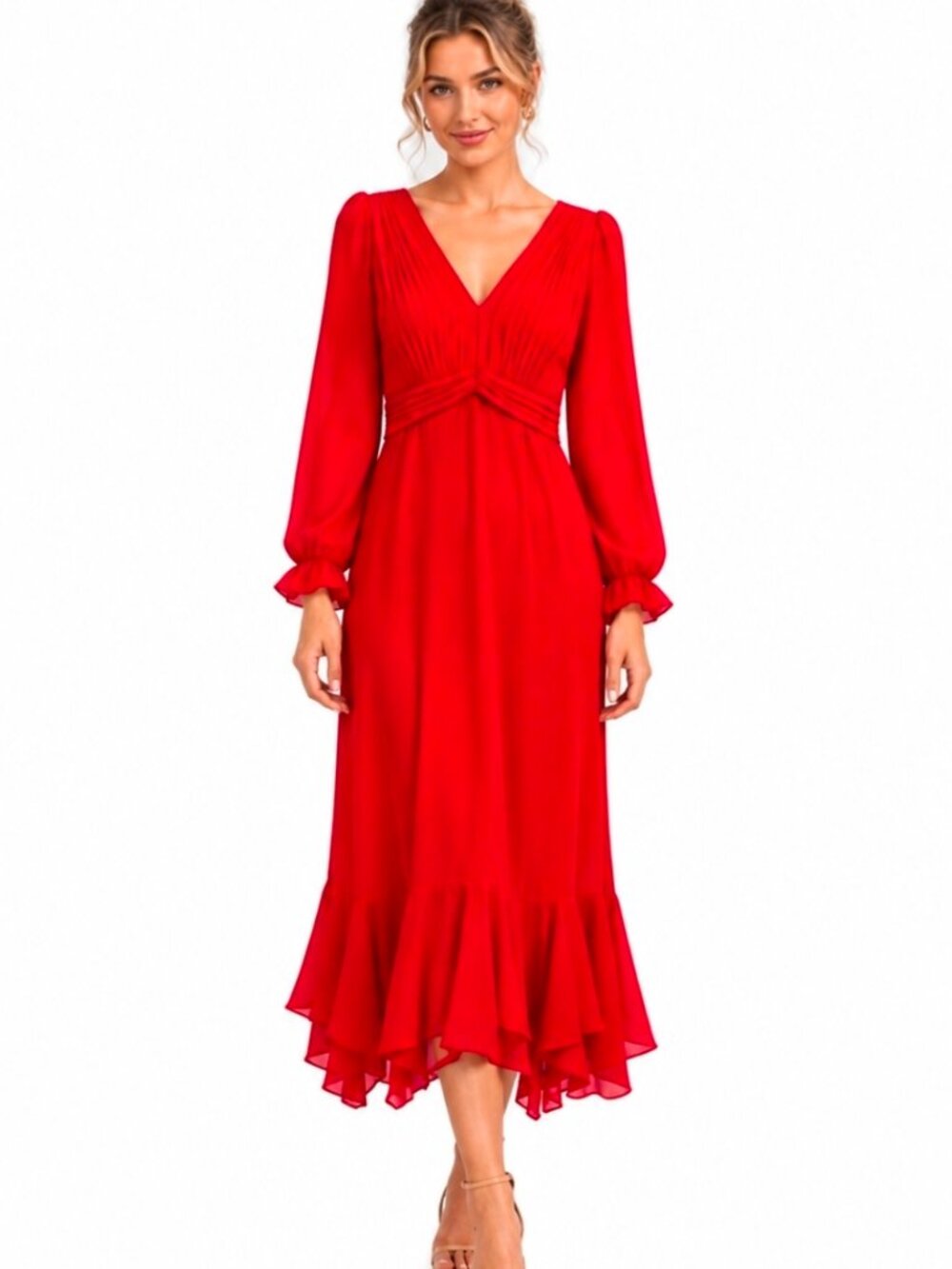 Mikael Aghal Red Chiffon Split Sleeve Ruffle Hem Maxi Dress Size 10 NWT